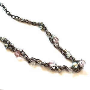 Lia Sophia Silver Layered Chain Necklace w Crystals, Pink & Mint Pearls | NWT